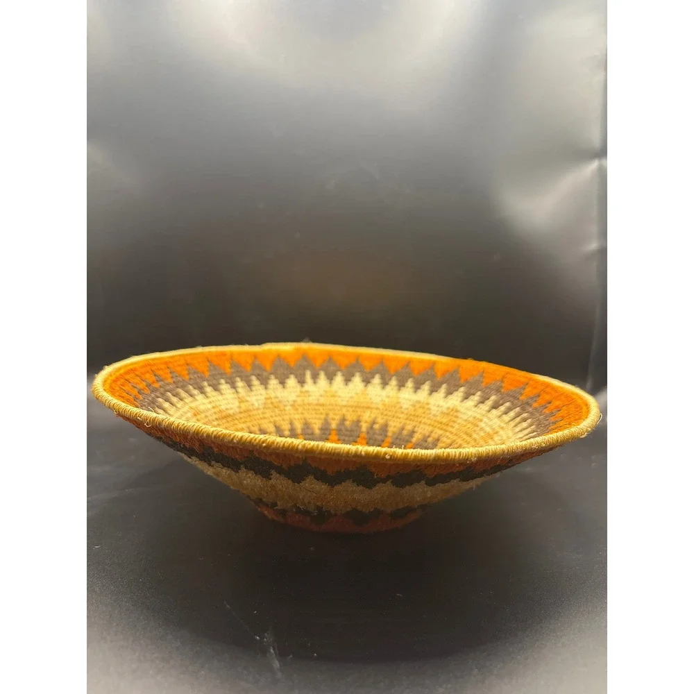 Hand Woven Basket Bowl Orange Brown Geometric Art 6.5in